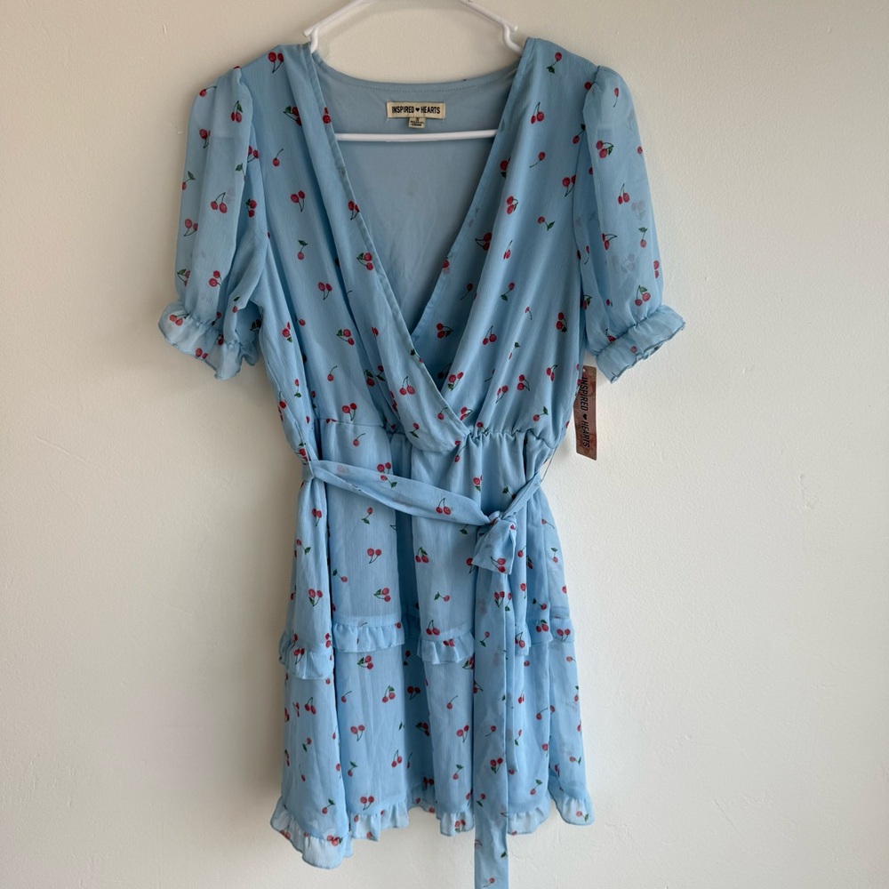 NWT Inspired Hearts Light Blue Cherry Ruffle Mini Dress